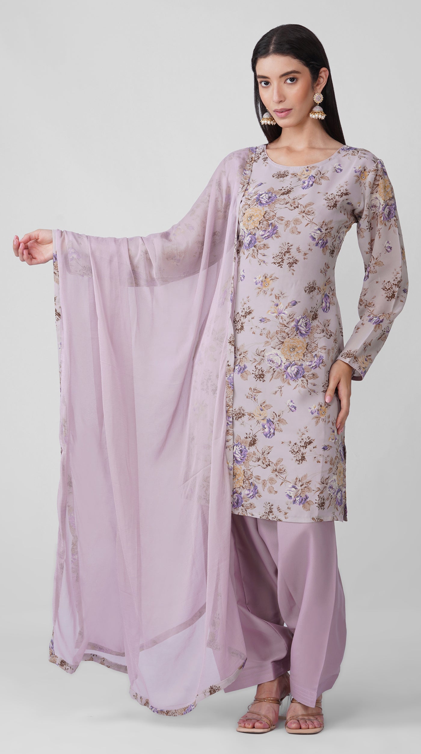 Lilac Meadow Floral Printed Georgette Suit Set with Chiffon Dupatta