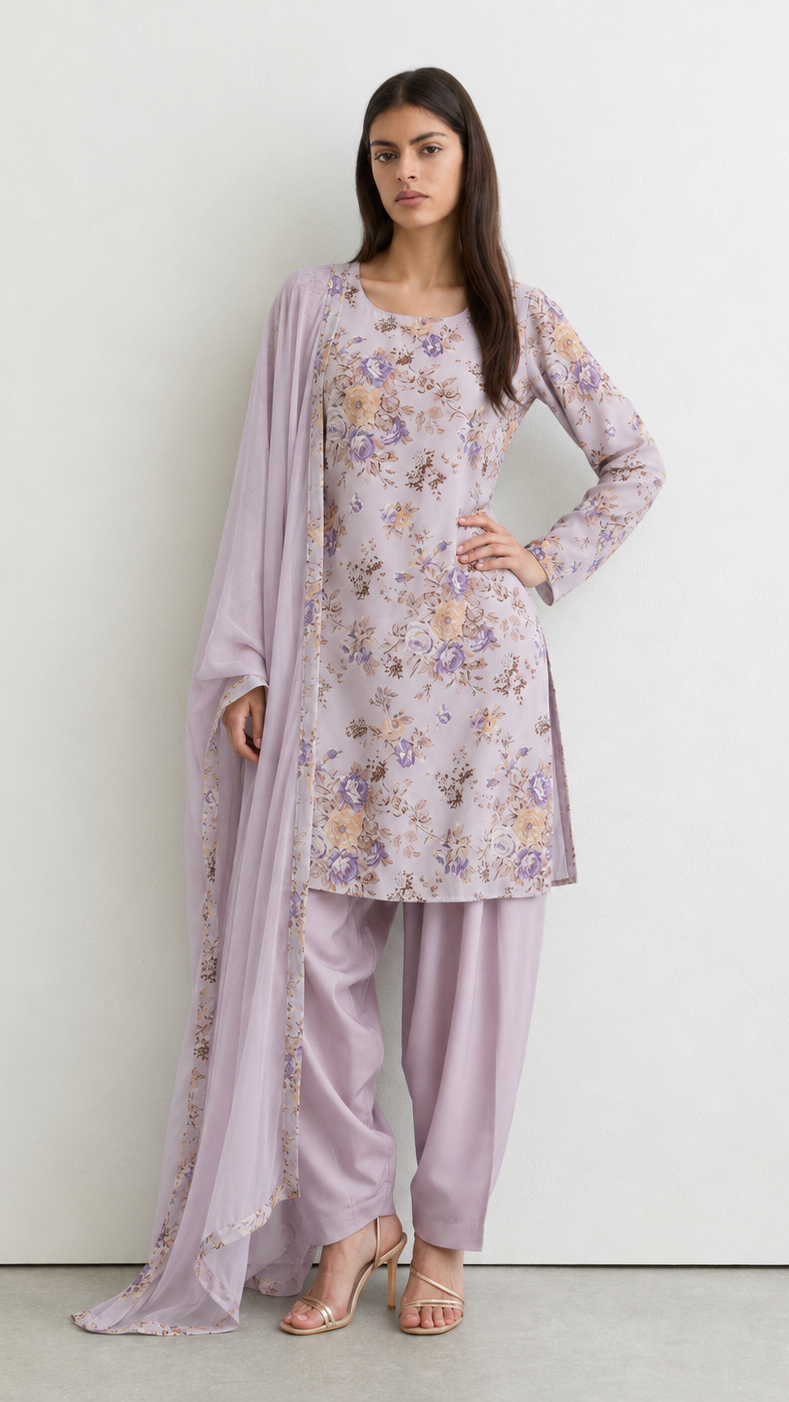 Young woman wearing a lilac floral print kurta set with matching trousers and a coordinating sheer dupatta with floral border.