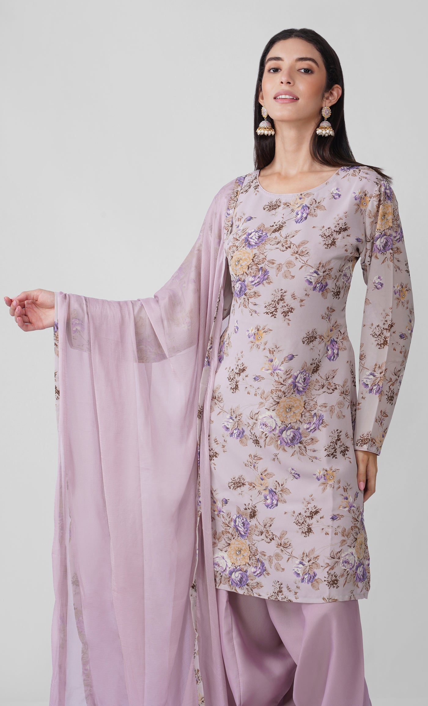 Lilac Meadow Floral Printed Georgette Suit Set with Chiffon Dupatta
