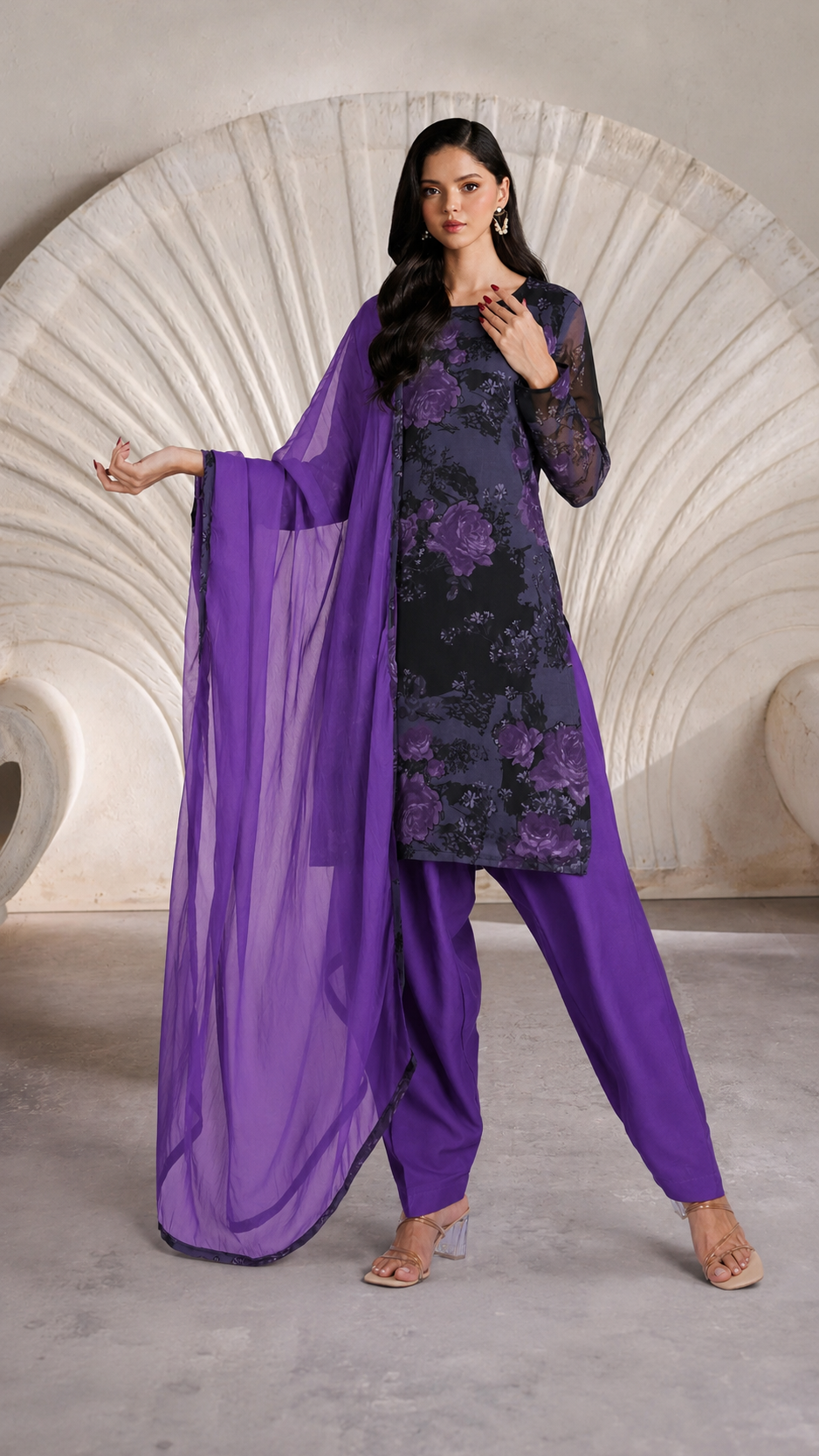 Purple floral printed salwar kameez suit with matching salwar trousers and sheer purple dupatta