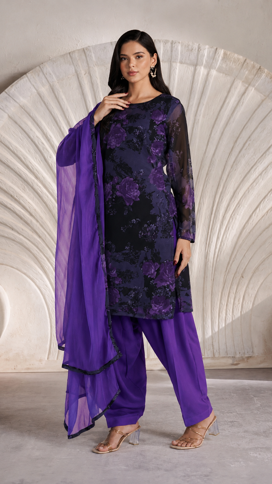 Purple floral printed salwar kameez suit with matching salwar trousers and sheer purple dupatta