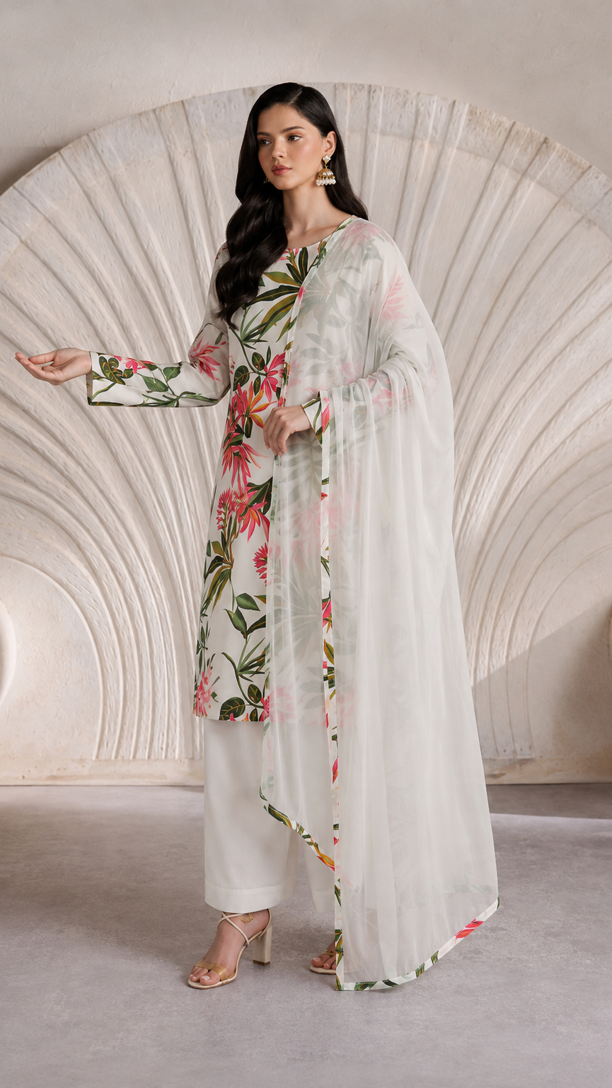 Ivory floral printed salwar kameez suit with white trousers and sheer matching dupatta