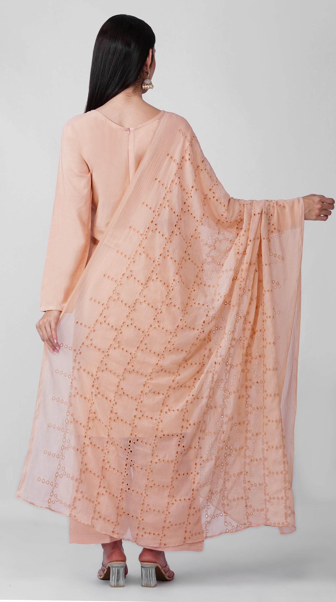 Peach Blossom Rayon Suit Set with White Salwar & Shifli Cotton Dupatta