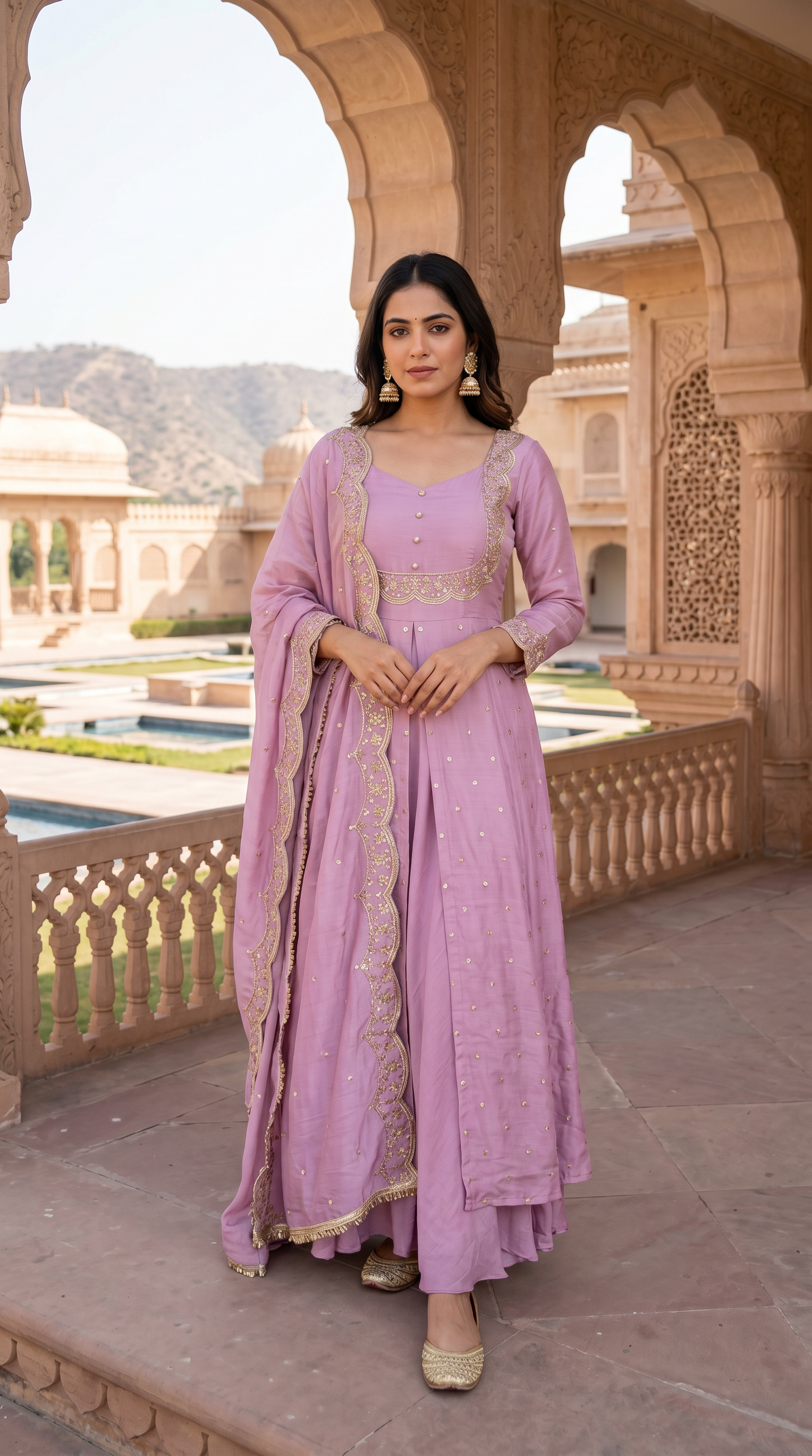 Pink Vichitra Silk Bias Cut Skirt Set with Scalloped Dupatta