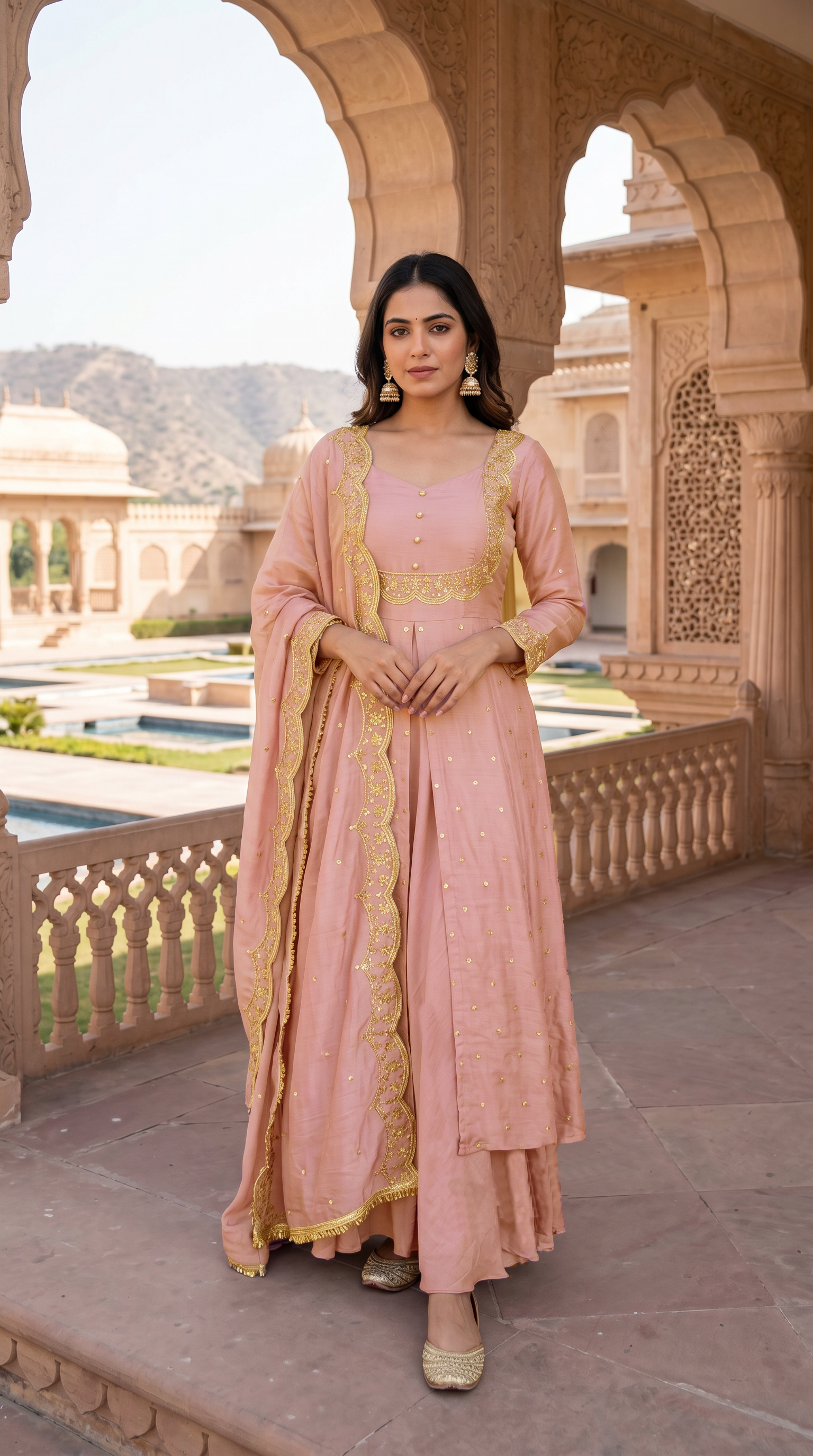 Pink Vichitra Silk Bias Cut Skirt Set with Scalloped Dupatta