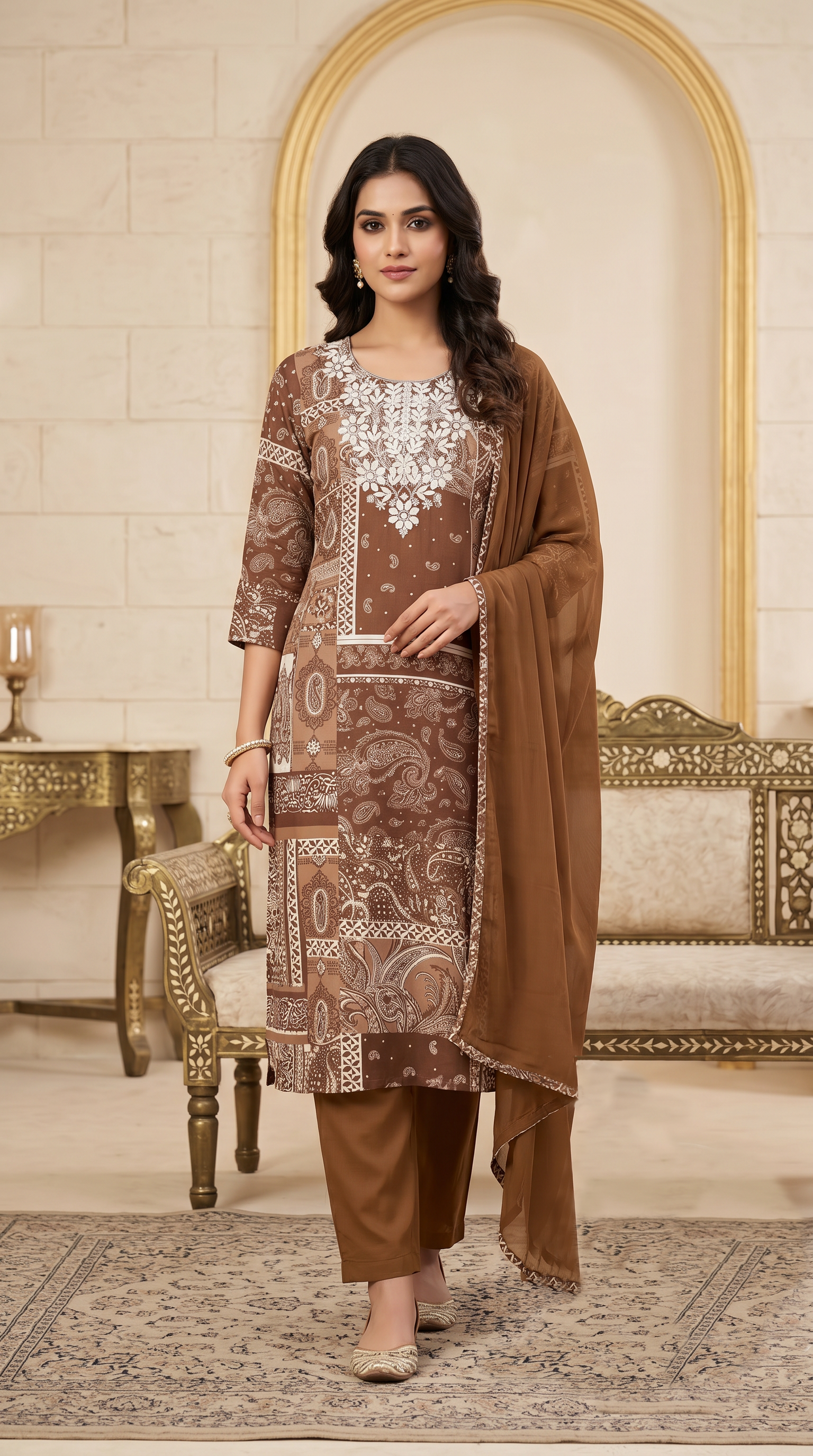 Brown Printed Rayon Suit Set with Chiffon Dupatta