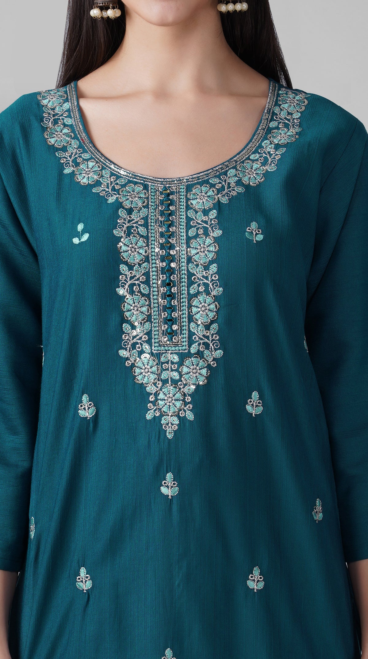 Teal cotton traditional suit with embroidery and dupatta