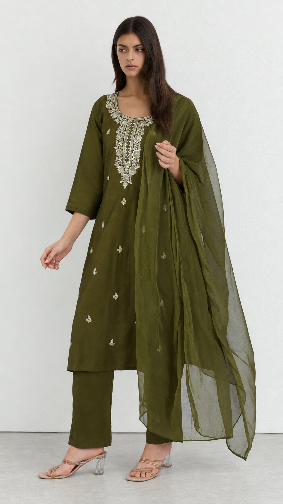 Dark green embroidered cotton suit set with matching dupatta