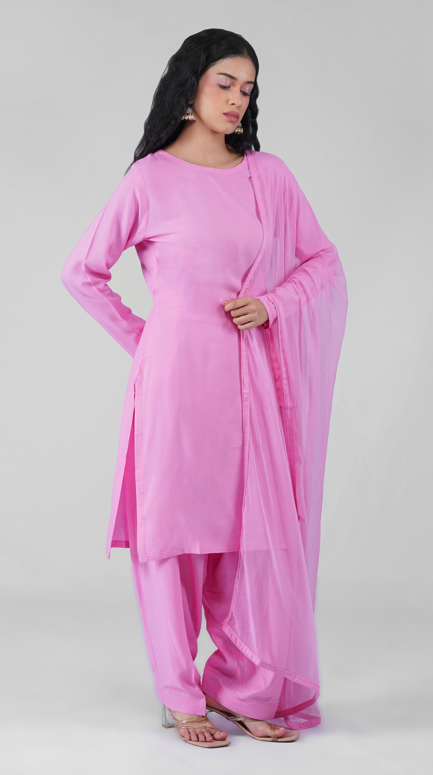 Front view of plain pink rayon ethnic suit set