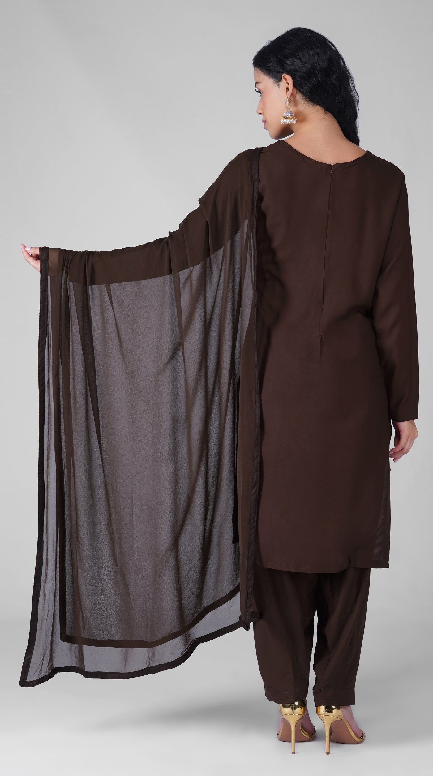 Side profile of chocolate rayon suit with chiffon dupatta