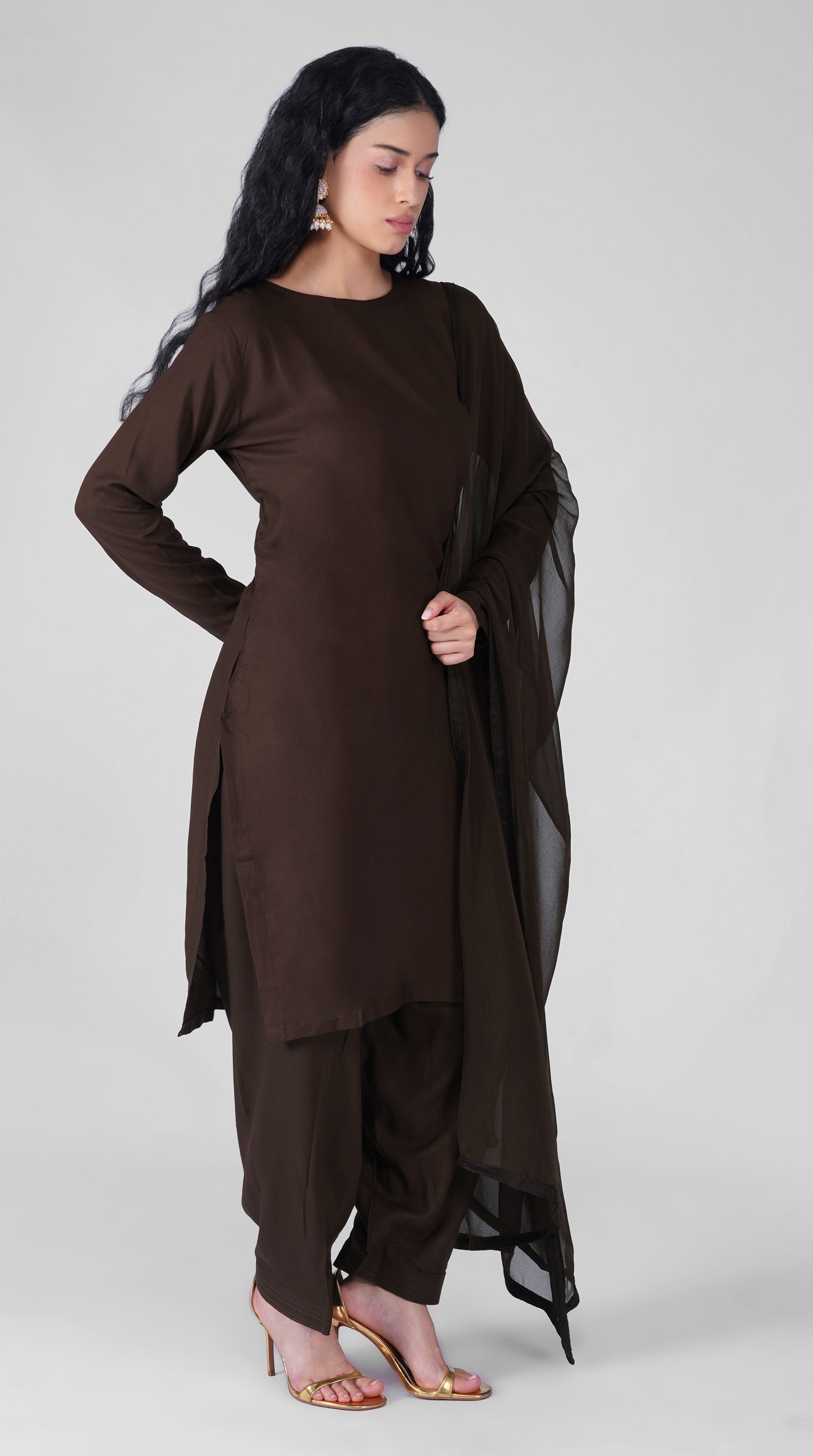 Front view of plain chocolate rayon ethnic suit