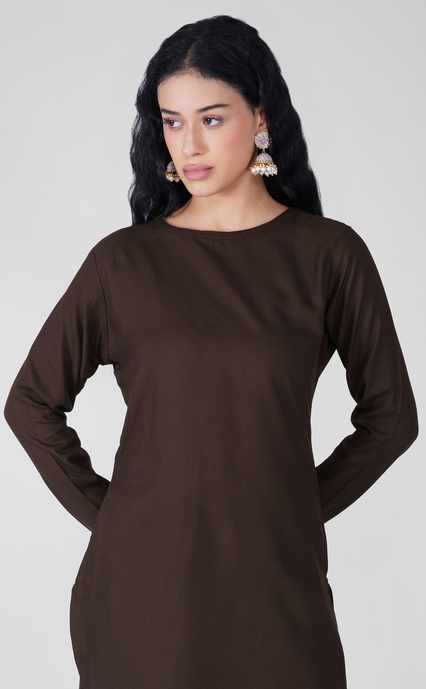 Back view of plain chocolate rayon suit with chiffon dupatta