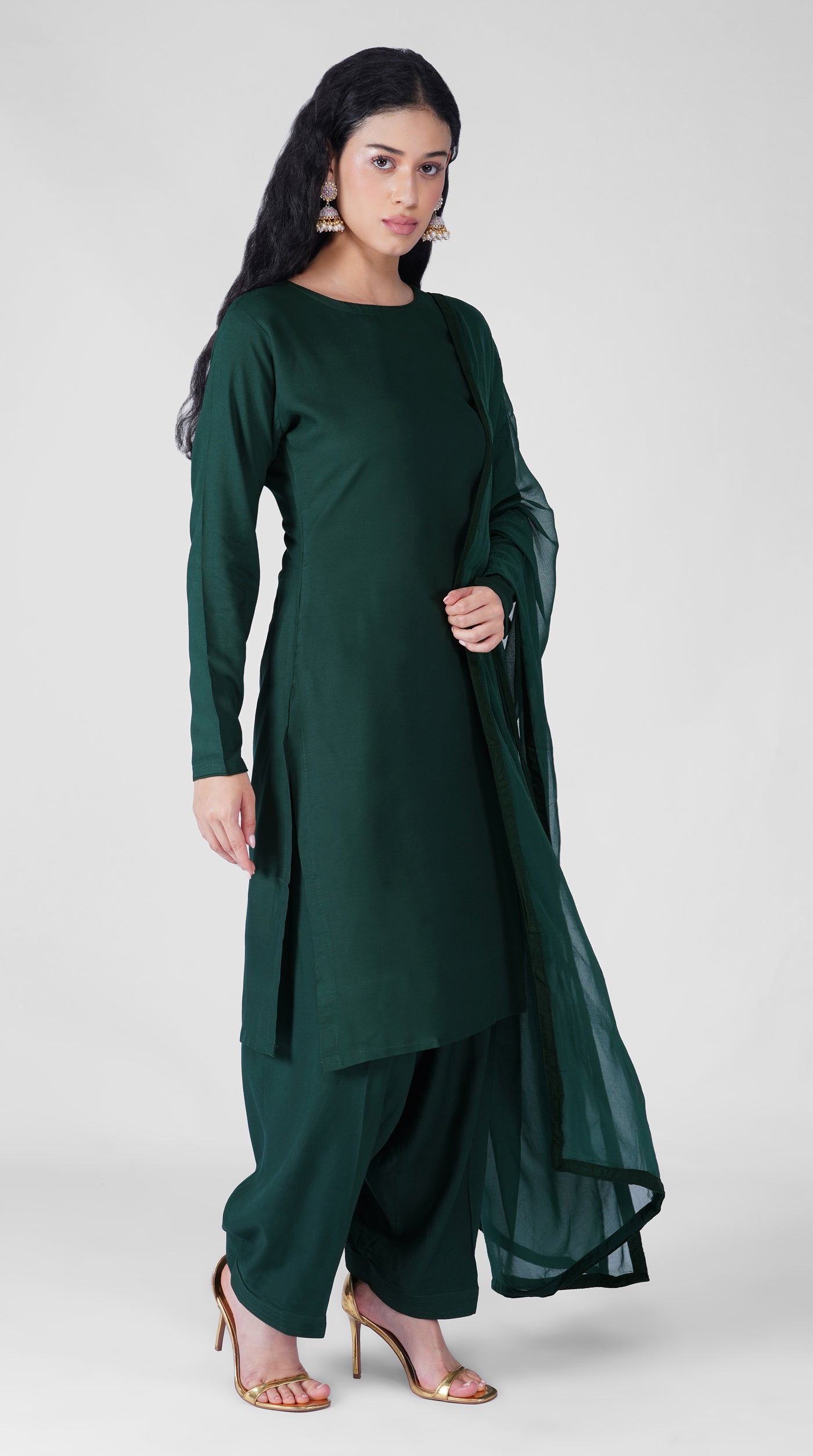 Plain dark green rayon suit set with matching chiffon dupatta
