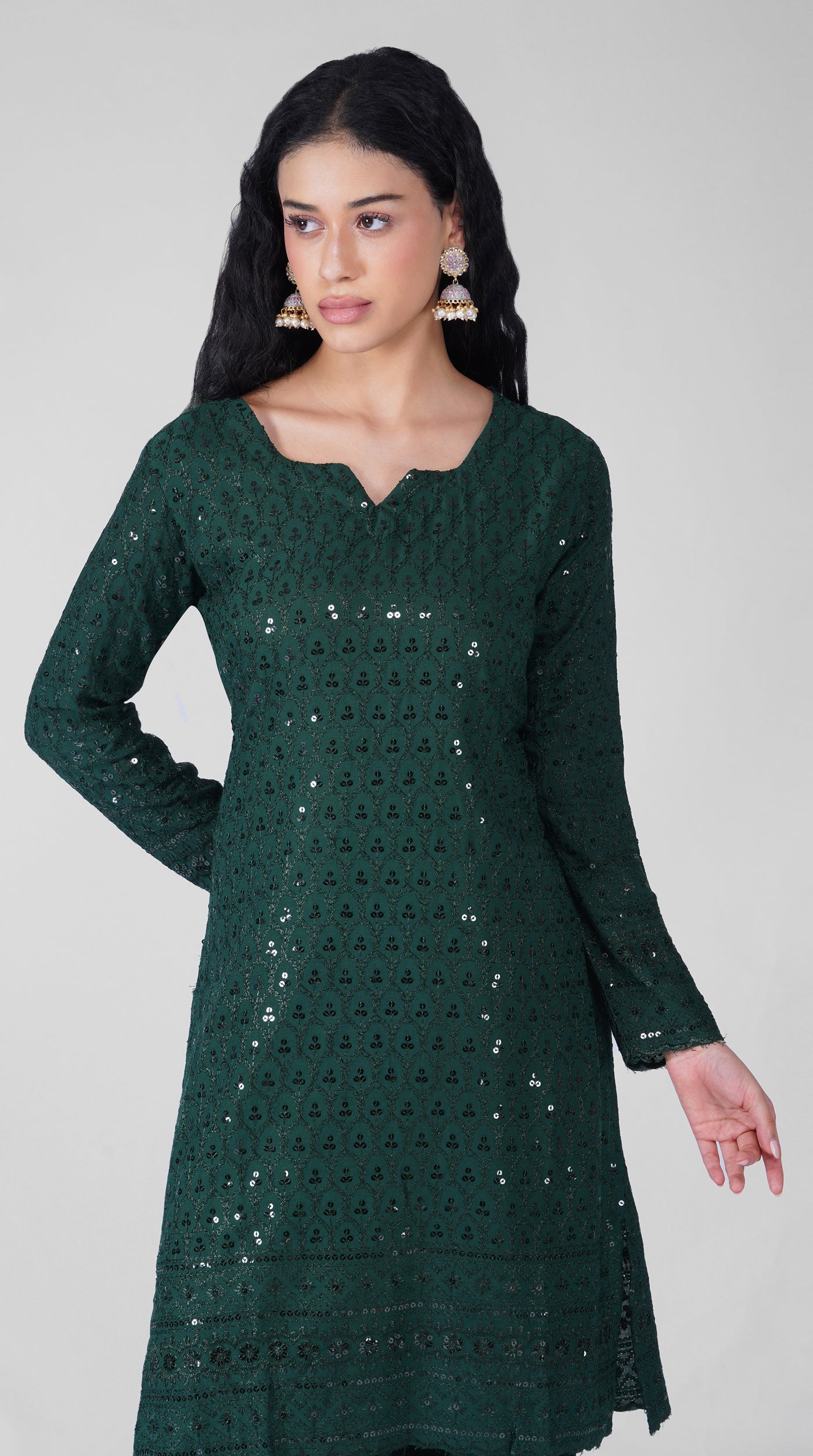 Back view of dark green Chikankari suit with embroidered dupatta