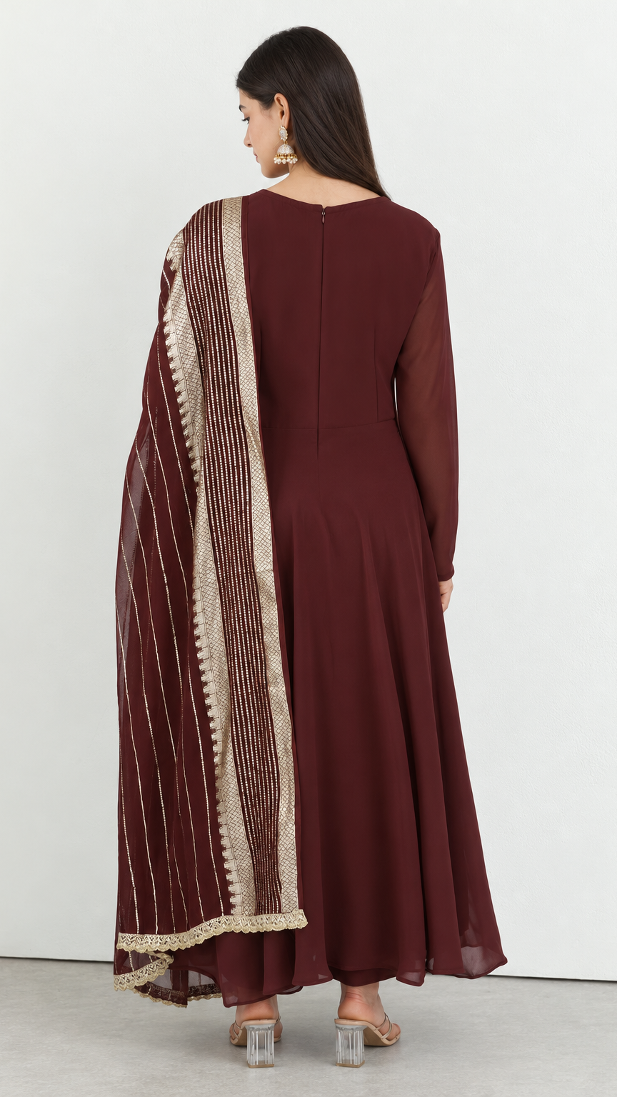 Maroon bias cut georgette suit set with jacquard dupatta