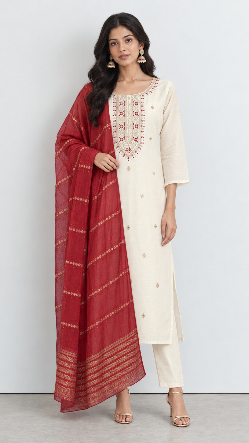 Traditional silk cotton Kameez and Trousers with woven contrast dupatta.