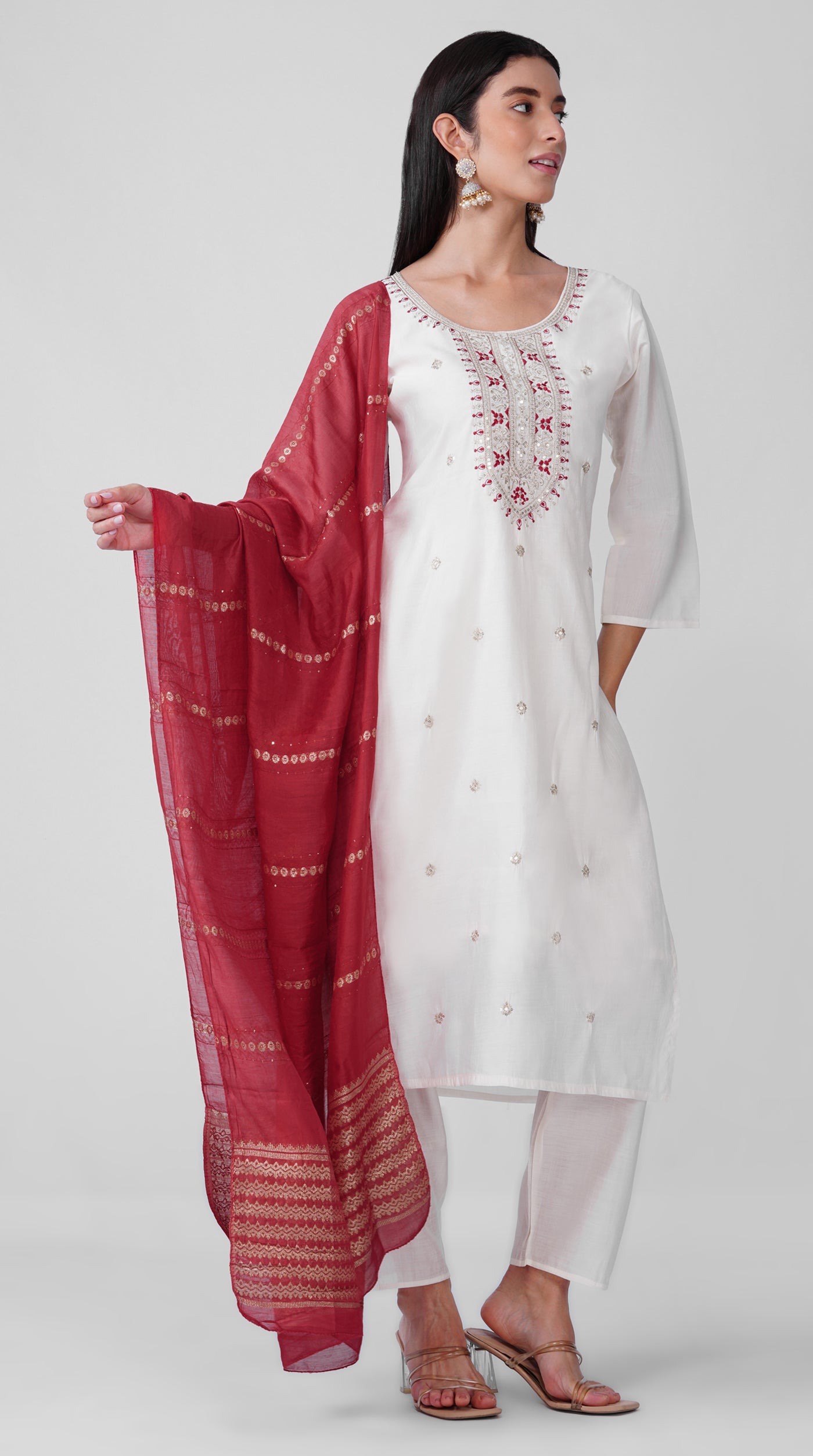 Ivory Roman Silk Kurta Set with Maroon Chanderi Dupatta