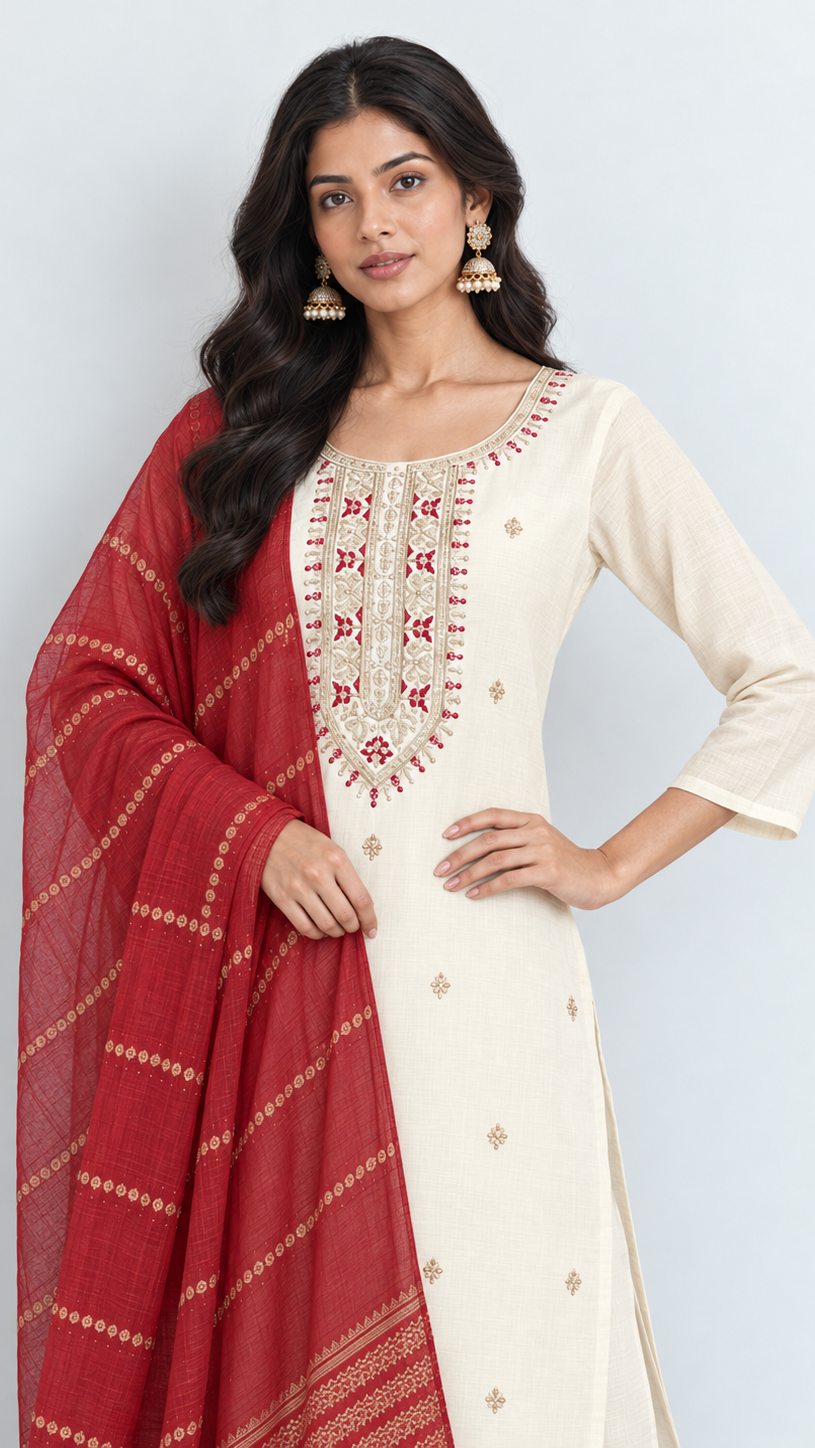 Cream top with maroon and gold delicate embroidery with woven dupatta.