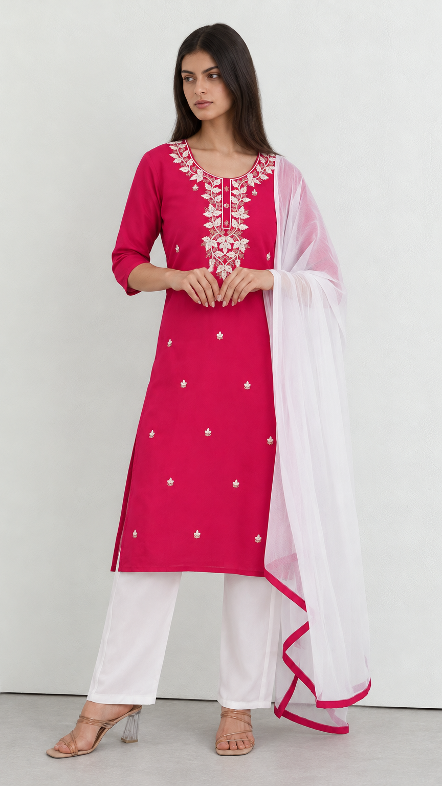 Pink threadwork kurta set paired with white trousers and dupatta