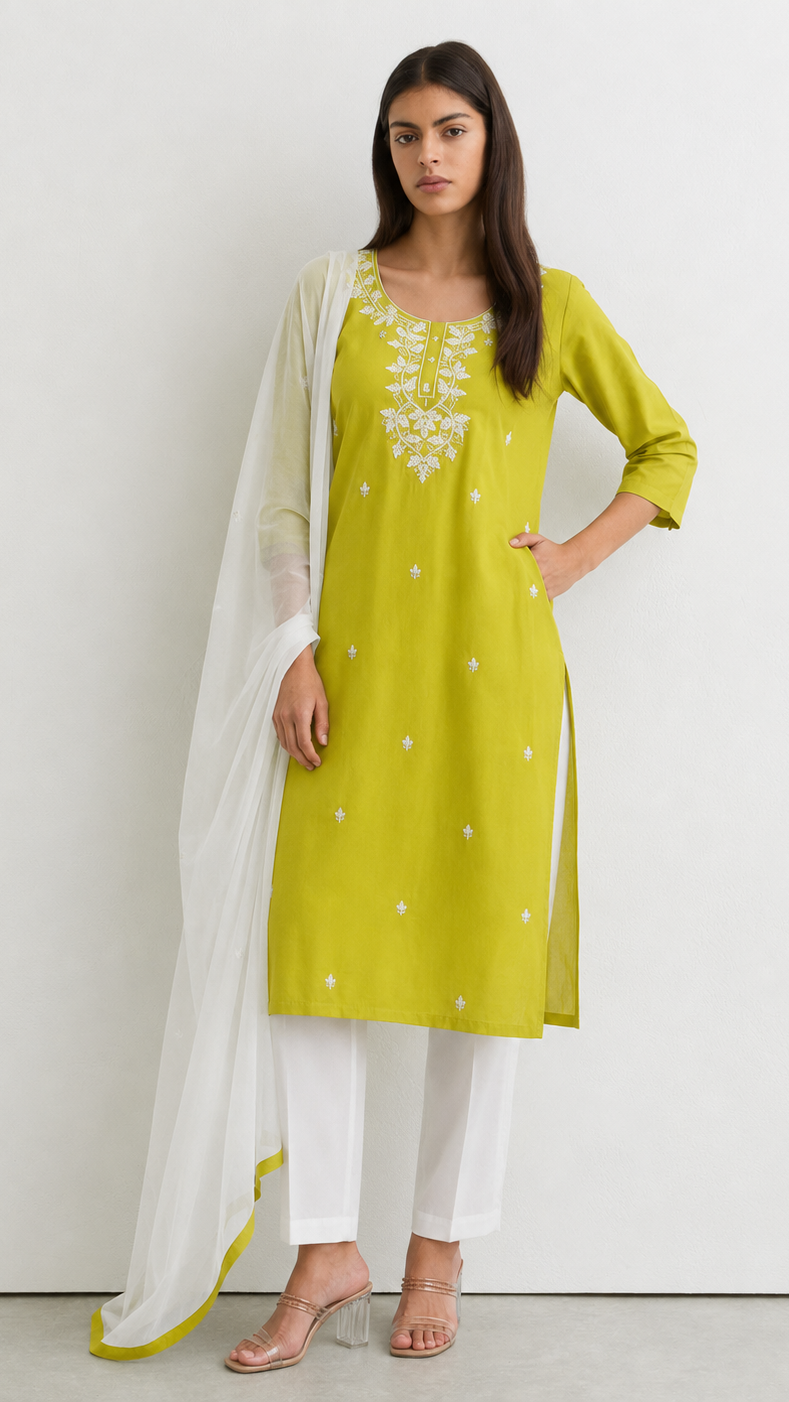 Young woman wearing a lime green embroidered kurta with white floral threadwork, matching white trousers and a sheer white dupatta with green border.