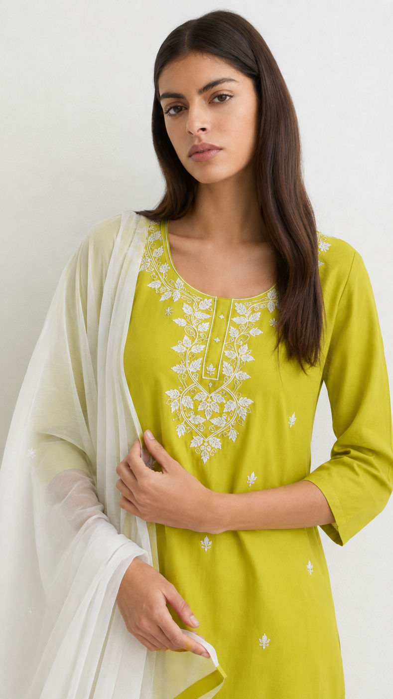 Young woman wearing a lime green embroidered kurta with white floral threadwork, matching white trousers and a sheer white dupatta with green border.