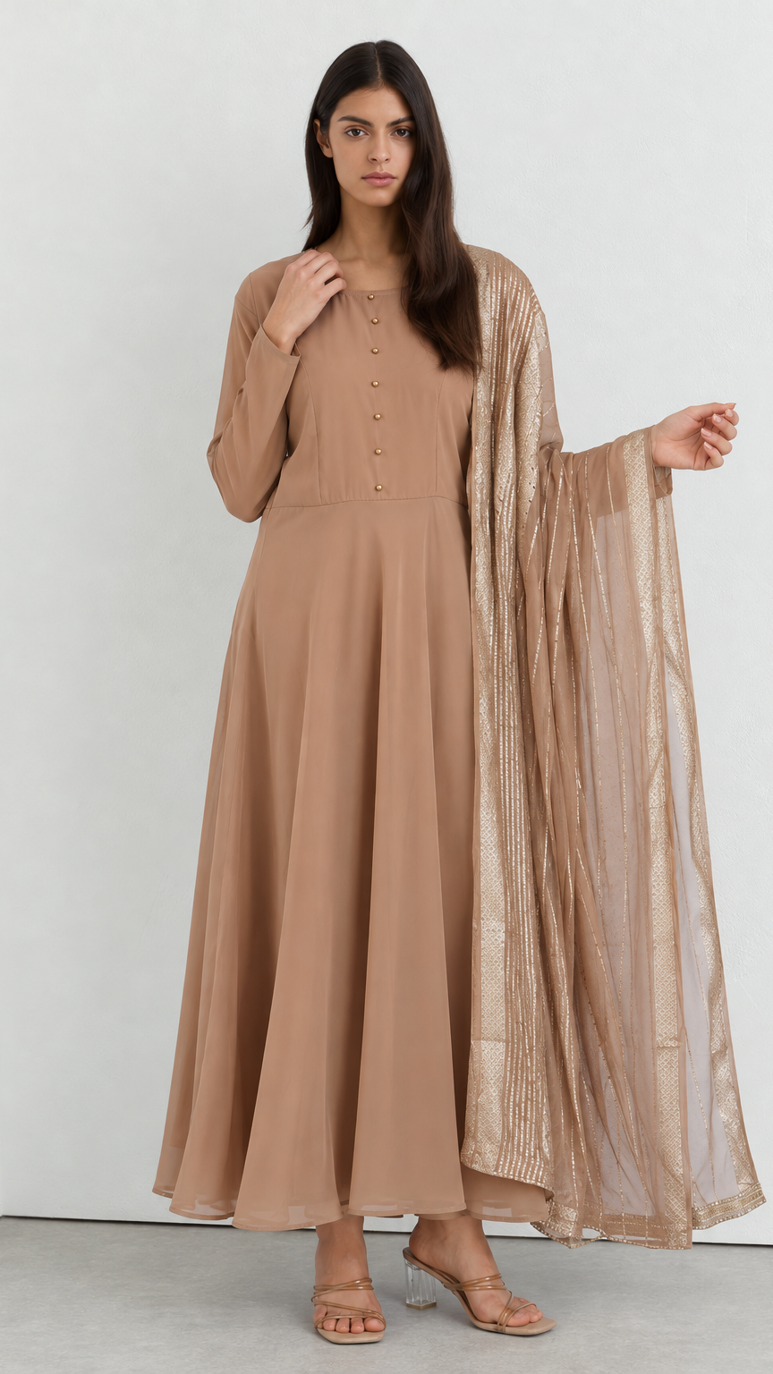 Mouse brown bias cut georgette suit set with jacquard dupatta