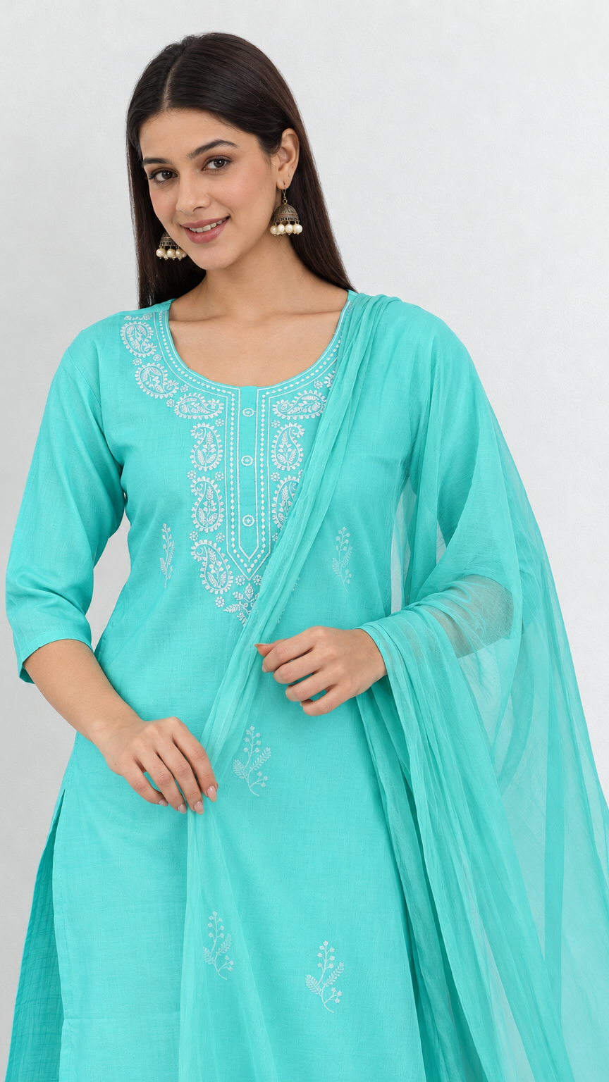 Mint green cotton traditional suit with embroidery and chiffon dupatta