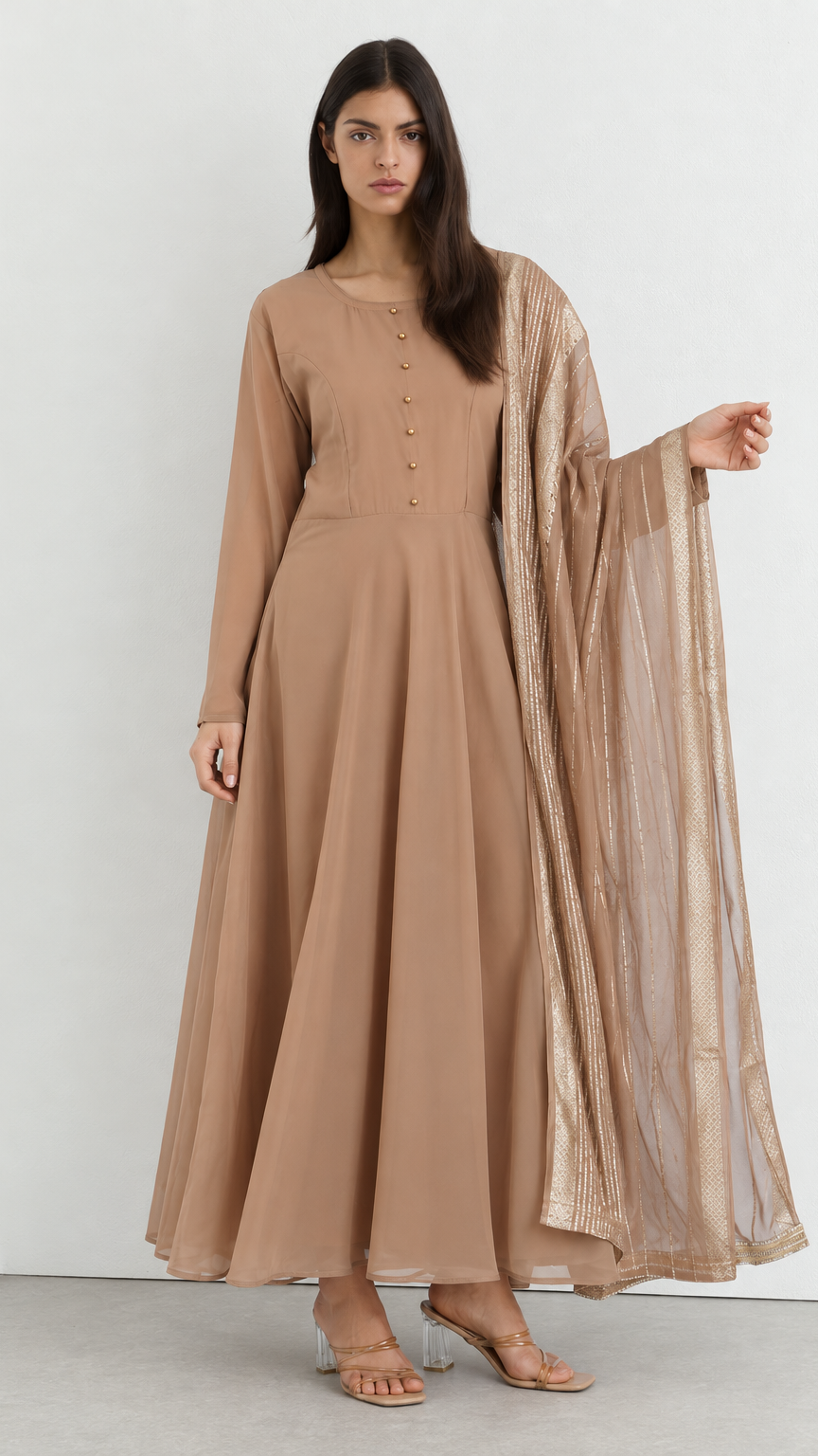 Mouse brown bias cut georgette suit set with jacquard dupatta