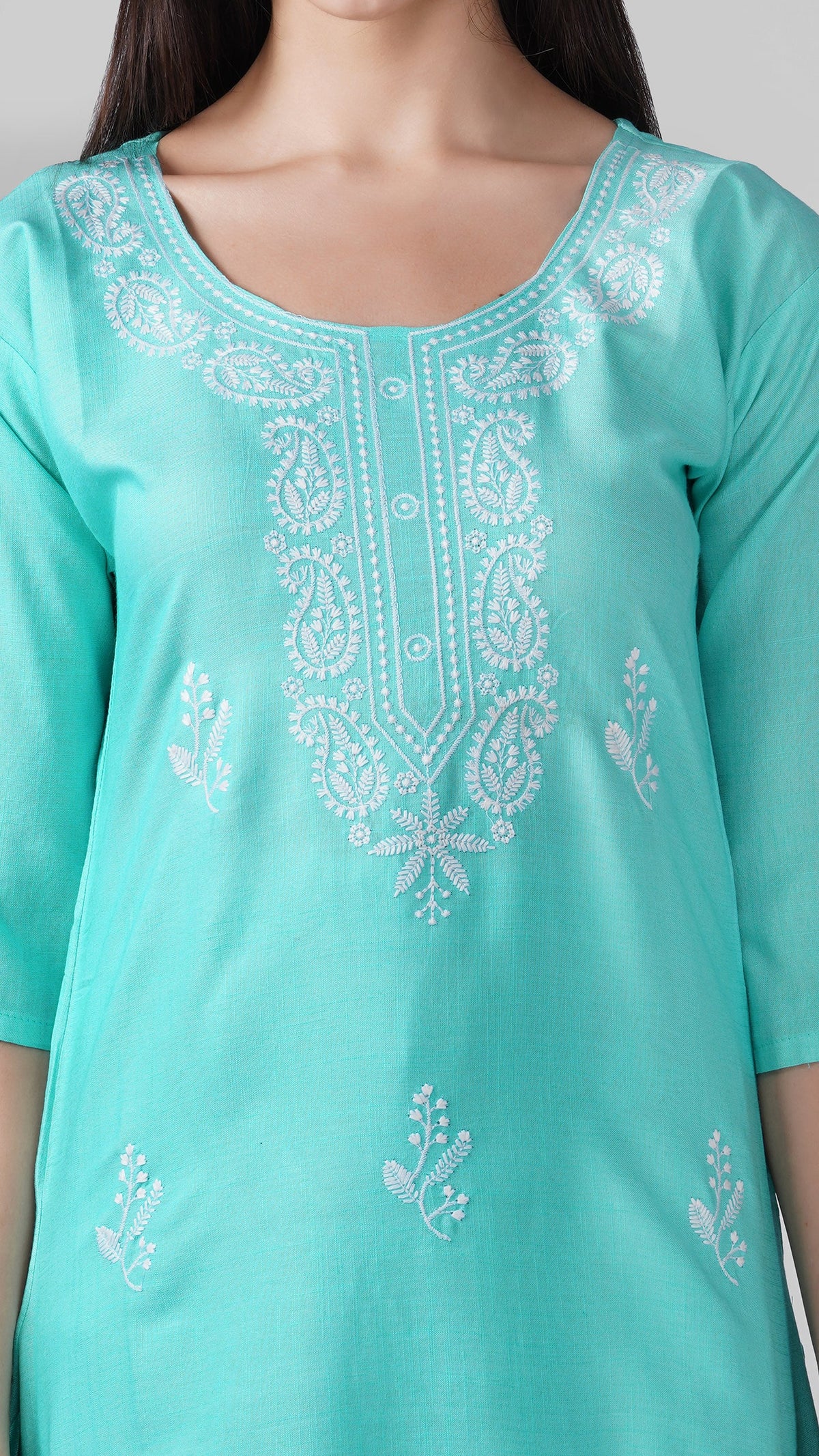 Mint green cotton traditional suit with embroidery and chiffon dupatta