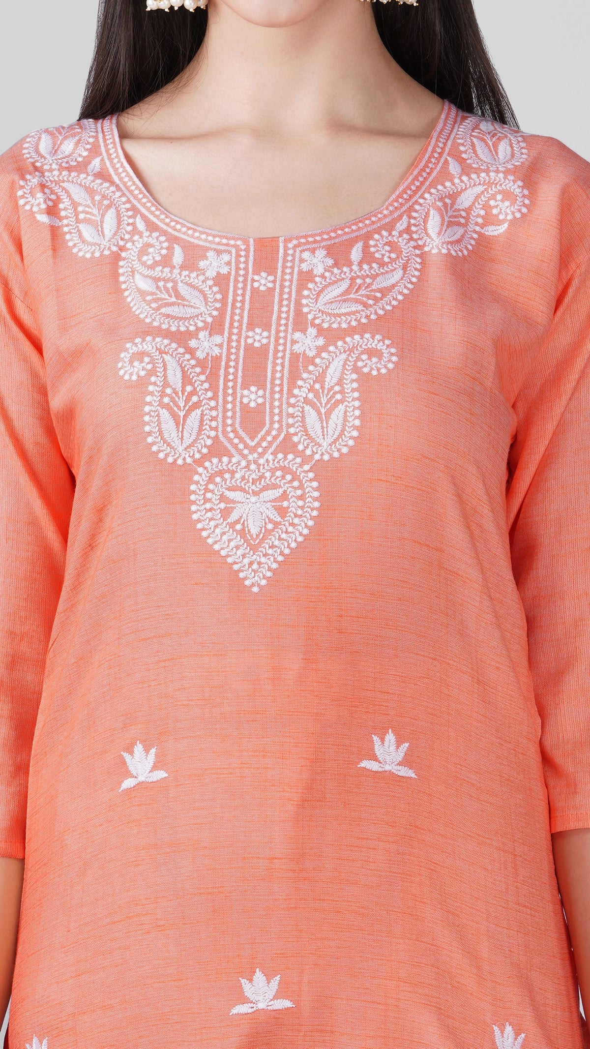 Peach cotton traditional suit with embroidery and chiffon dupatta