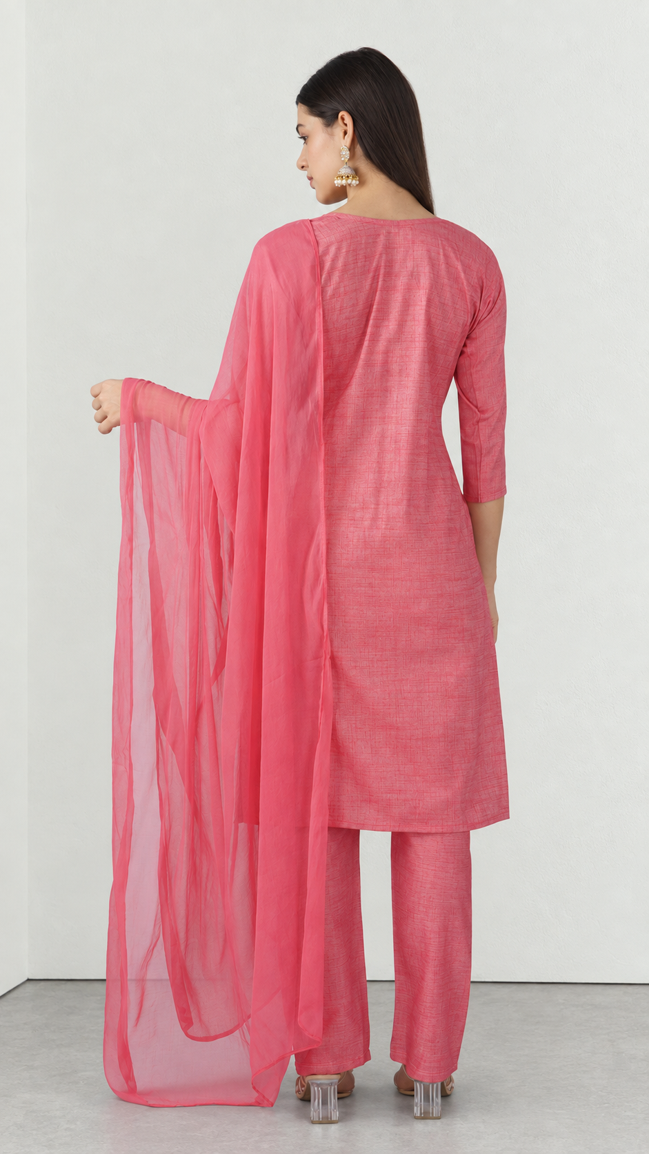 Pink cotton traditional suit with embroidery and chiffon dupatta