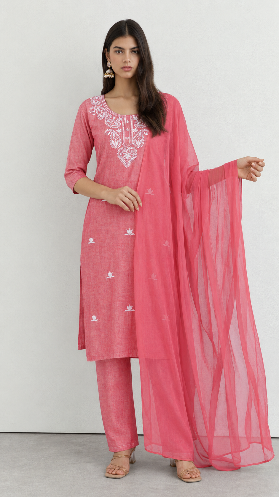 Pink cotton traditional suit with embroidery and chiffon dupatta