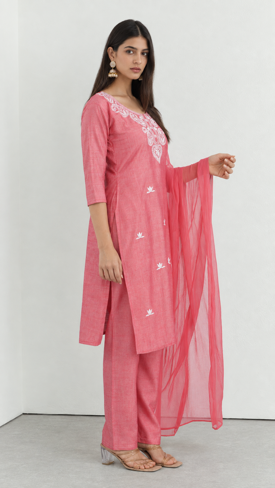 Pink cotton traditional suit with embroidery and chiffon dupatta