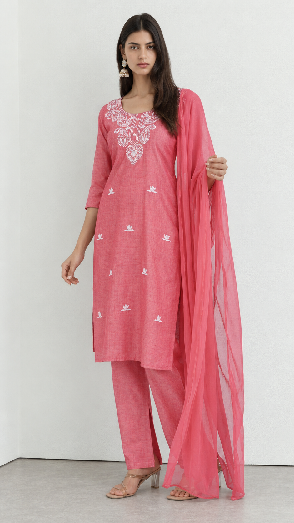 Pink cotton traditional suit with embroidery and chiffon dupatta