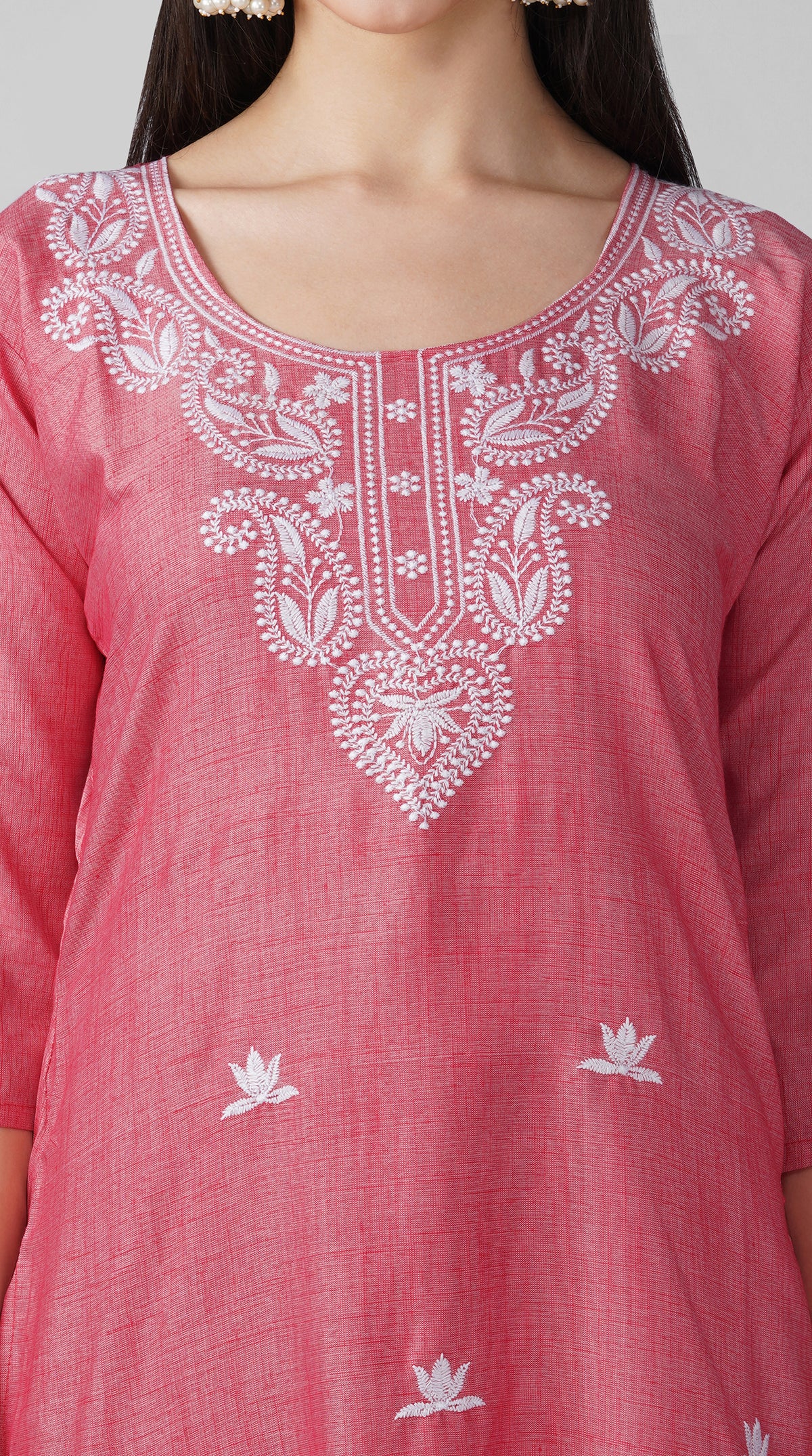 Pink cotton traditional suit with embroidery and chiffon dupatta