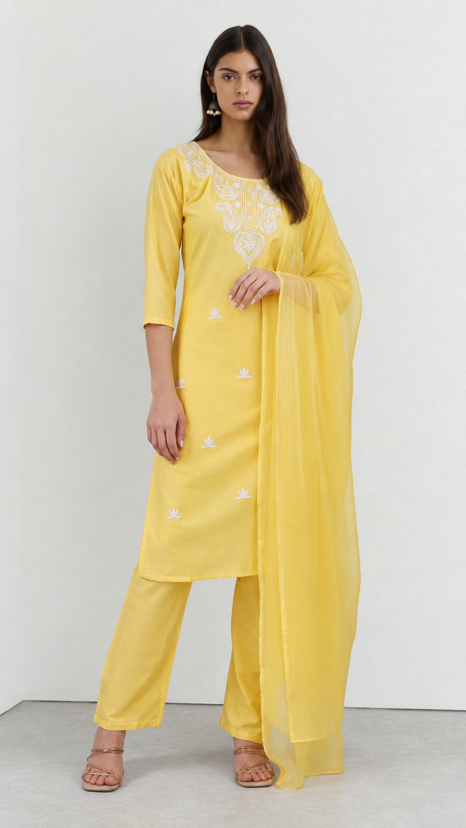 Lime yellow cotton traditional suit with embroidery and chiffon dupatta