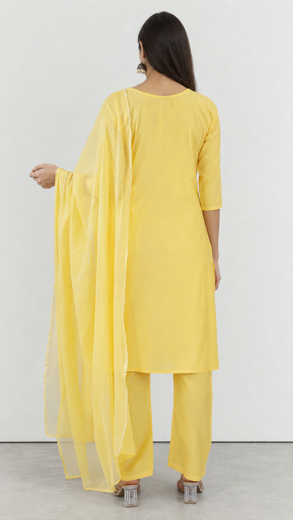 Lime yellow cotton traditional suit with embroidery and chiffon dupatta