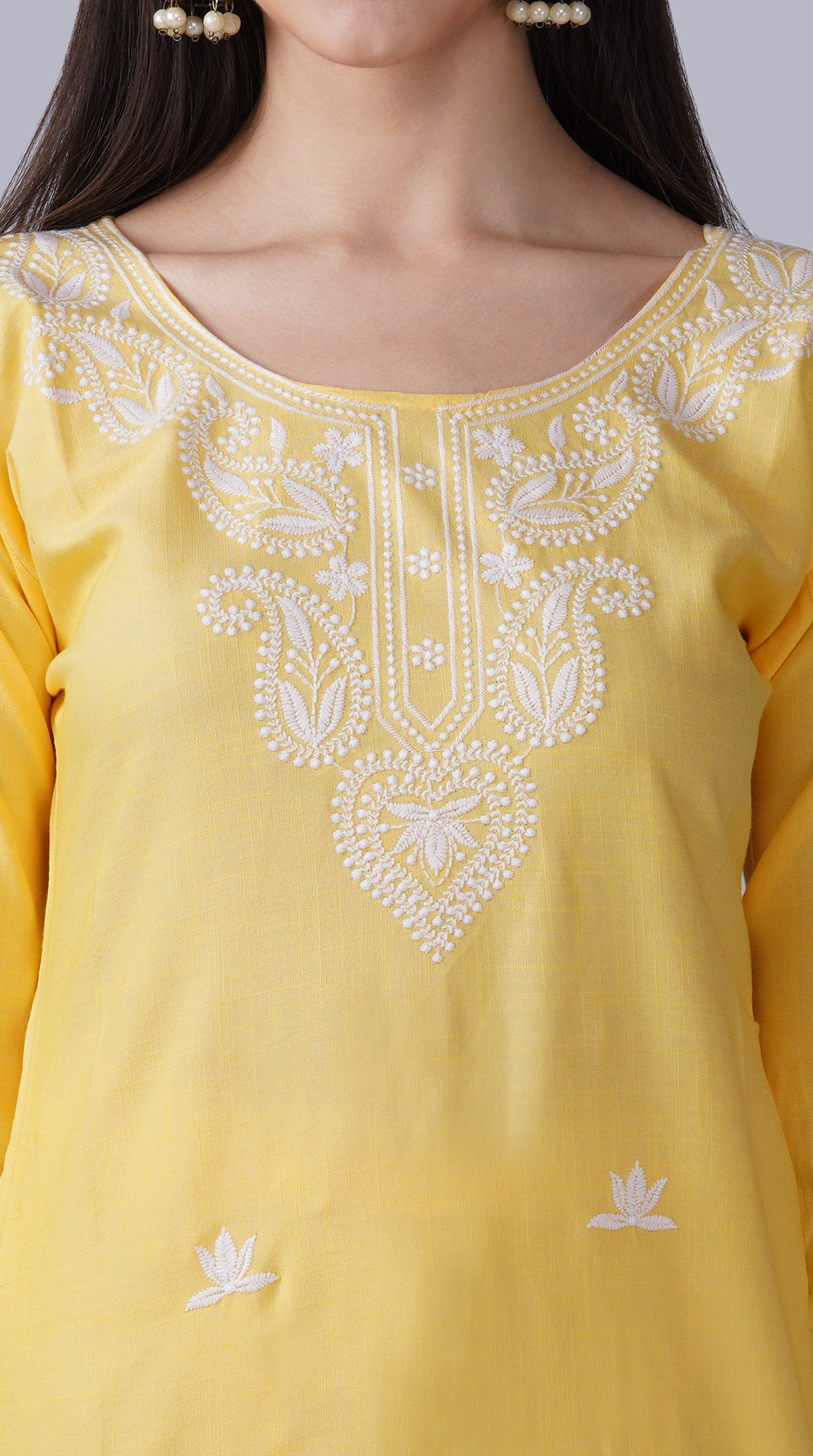 Lime yellow cotton traditional suit with embroidery and chiffon dupatta