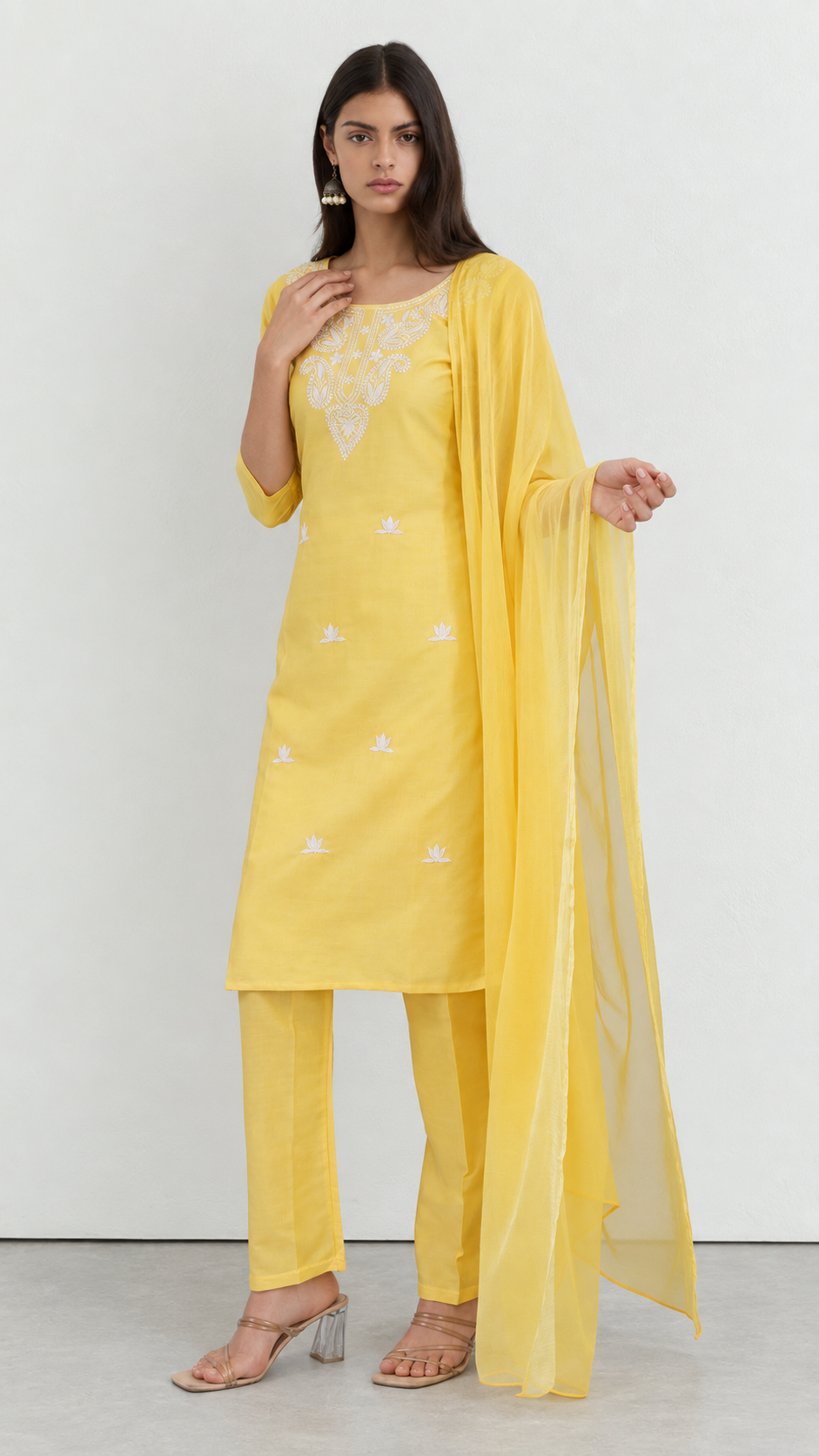 Lime yellow cotton traditional suit with embroidery and chiffon dupatta