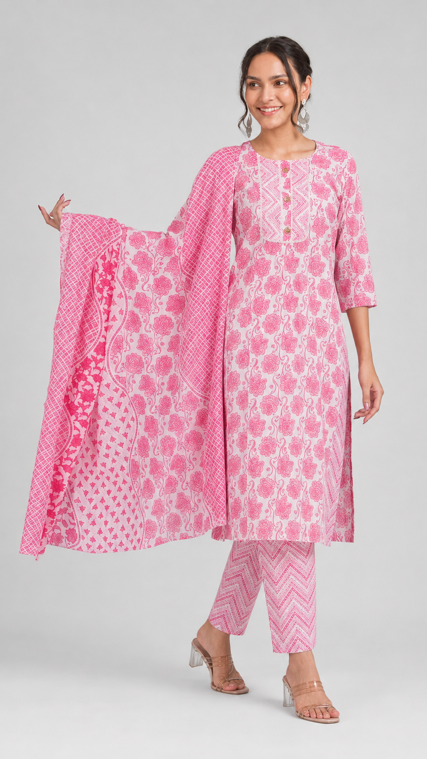 Pink and white floral printed salwar kameez suit with matching straight trousers and printed dupatta