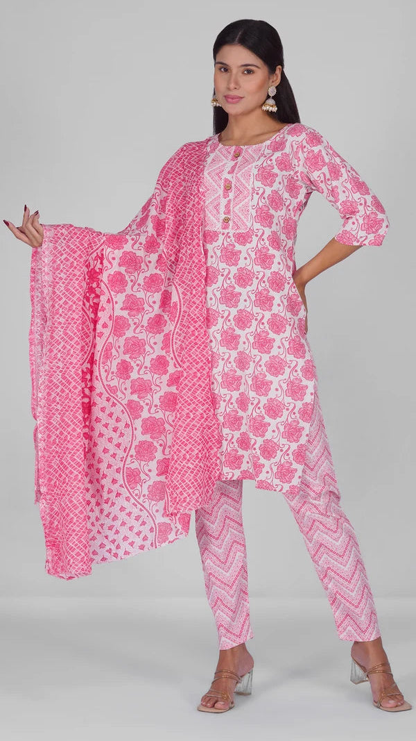 Pink and white floral printed salwar kameez suit with matching straight trousers and printed dupatta