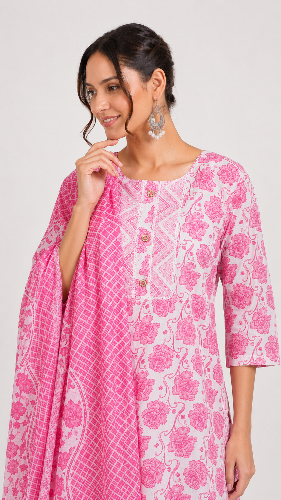 Pink and white floral printed salwar kameez suit with matching straight trousers and printed dupatta