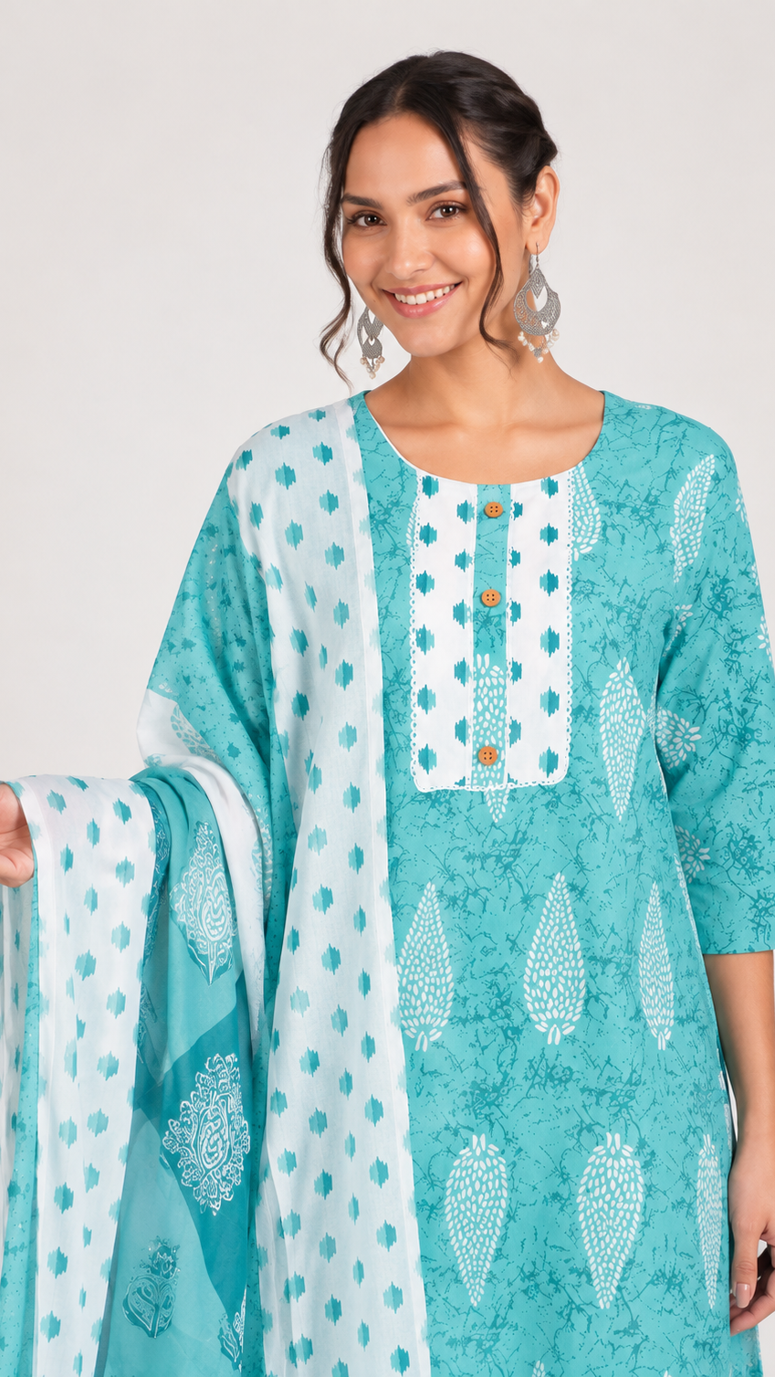Turquoise and white printed salwar kameez suit with straight trousers and matching printed dupatta
