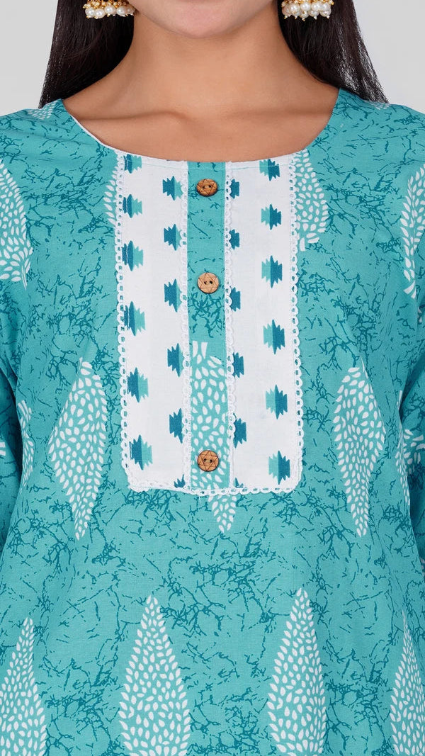 Turquoise and white printed salwar kameez suit with straight trousers and matching printed dupatta