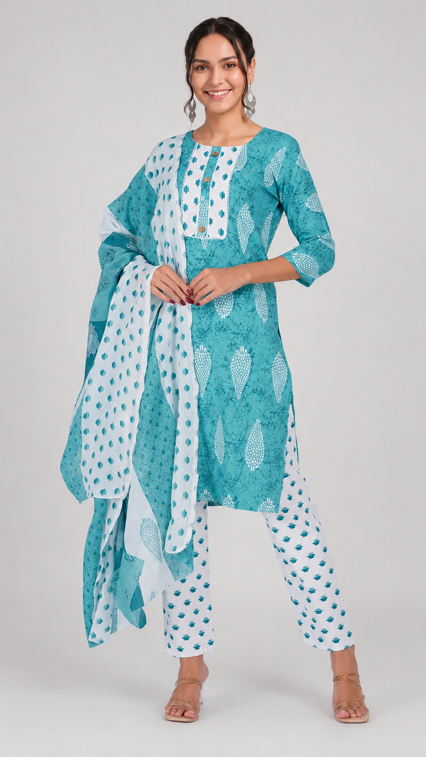 Turquoise and white printed salwar kameez suit with straight trousers and matching printed dupatta