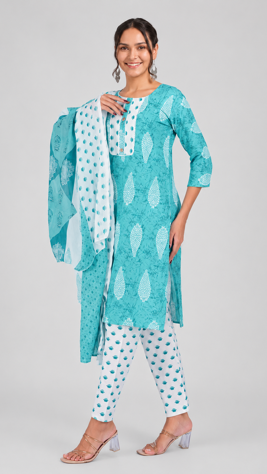 Turquoise and white printed salwar kameez suit with straight trousers and matching printed dupatta
