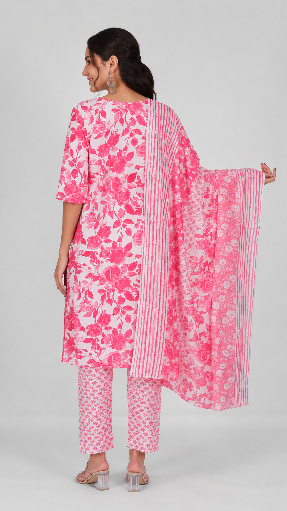 Coral pink and white floral printed salwar kameez suit with straight trousers and matching printed dupatta