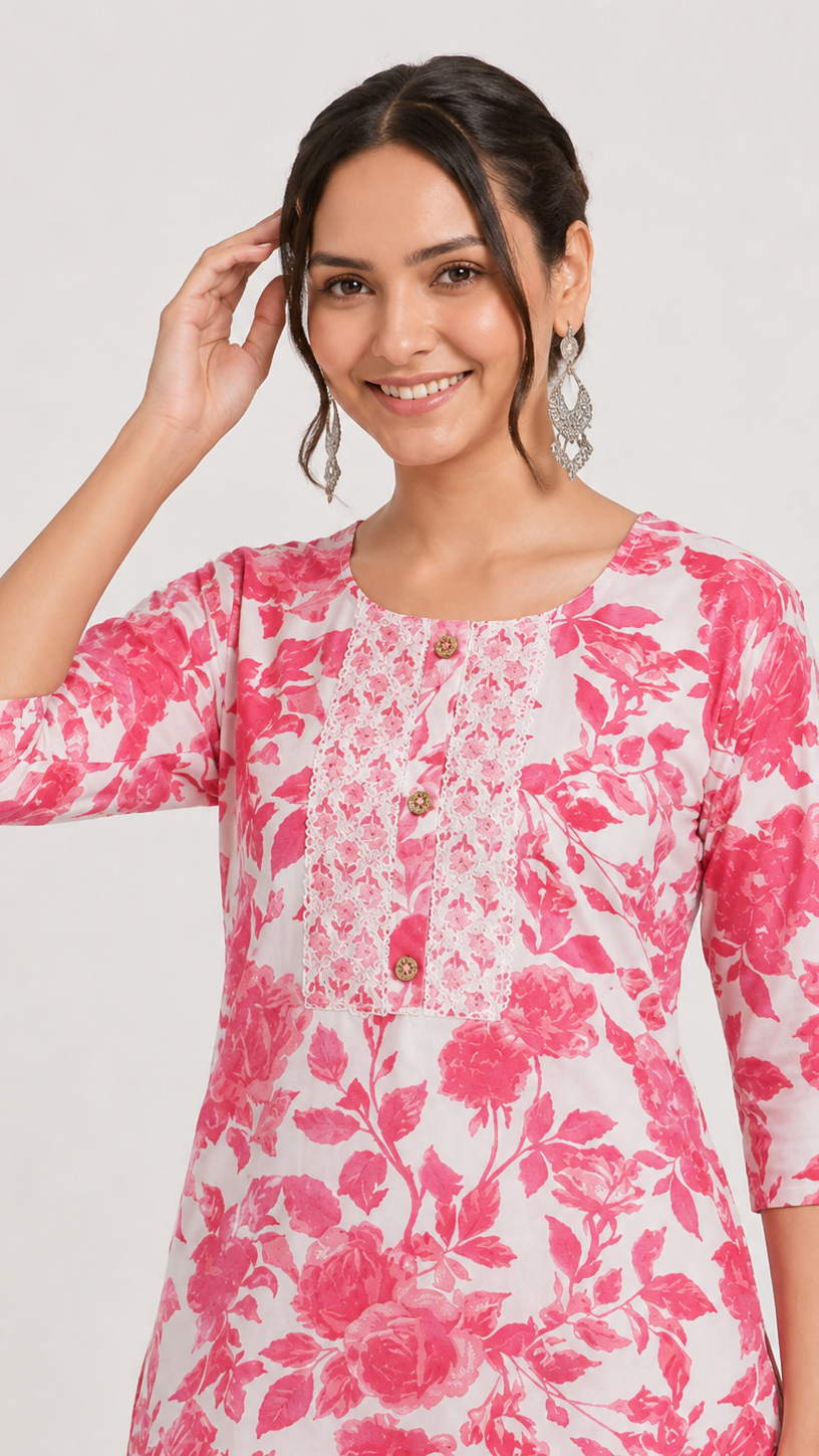 Coral pink and white floral printed salwar kameez suit with straight trousers and matching printed dupatta