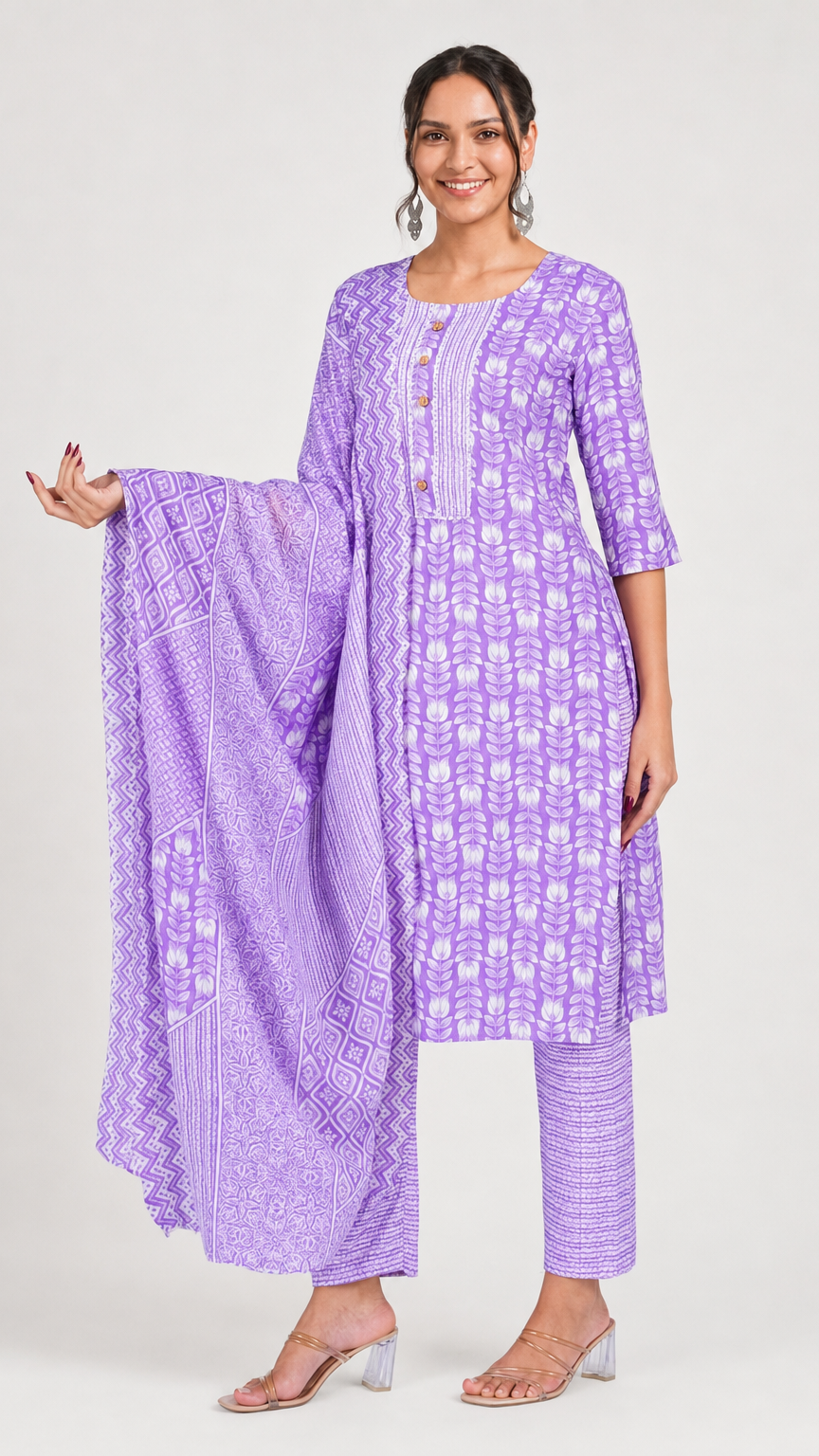 Lilac purple and white printed salwar kameez suit with straight trousers and matching patterned dupatta
