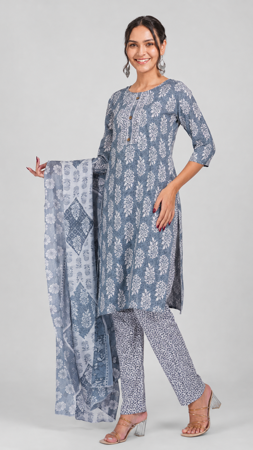 Slate blue and white floral printed salwar kameez suit with straight trousers and matching patterned dupatta